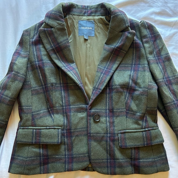 ModCloth Green Plaid Jacket with Shoulder Pads - Picture 1 of 4